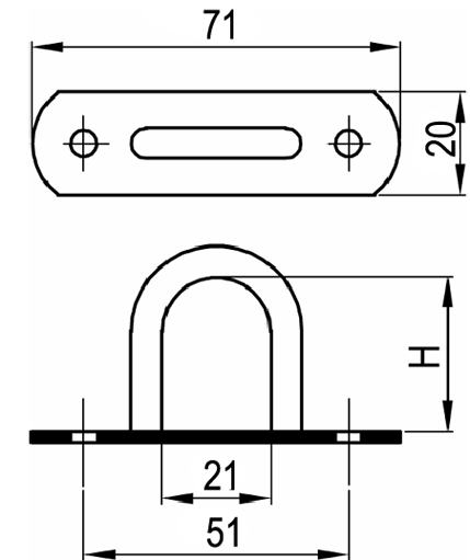 Rozměr základny: 71 x 20 mm
H = 30 mm
Rozteč nýtovacích otvorů: 51 mm
